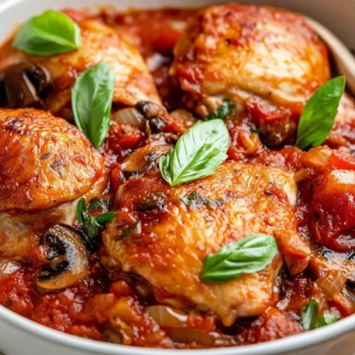 Baked chicken cacciatore in a white bowl, garnished with fresh basil, on a light neutral background.