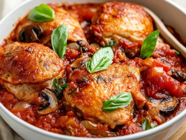 Baked chicken cacciatore in a white bowl, garnished with fresh basil, on a light neutral background.