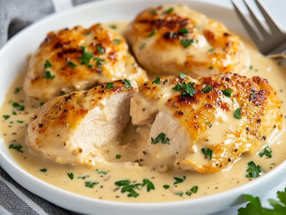 Baked cream of chicken breasts on a white plate, generously coated in creamy sauce, garnished with fresh parsley.