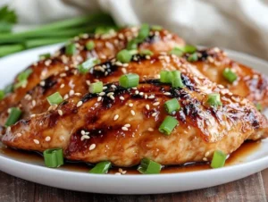 Baked honey garlic chicken on a white plate, garnished with green onions and sesame seeds, appetizing and golden.