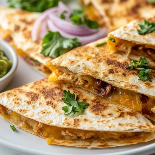 BBQ chicken quesadilla on a white plate, garnished with cilantro and red onion, served with guacamole.