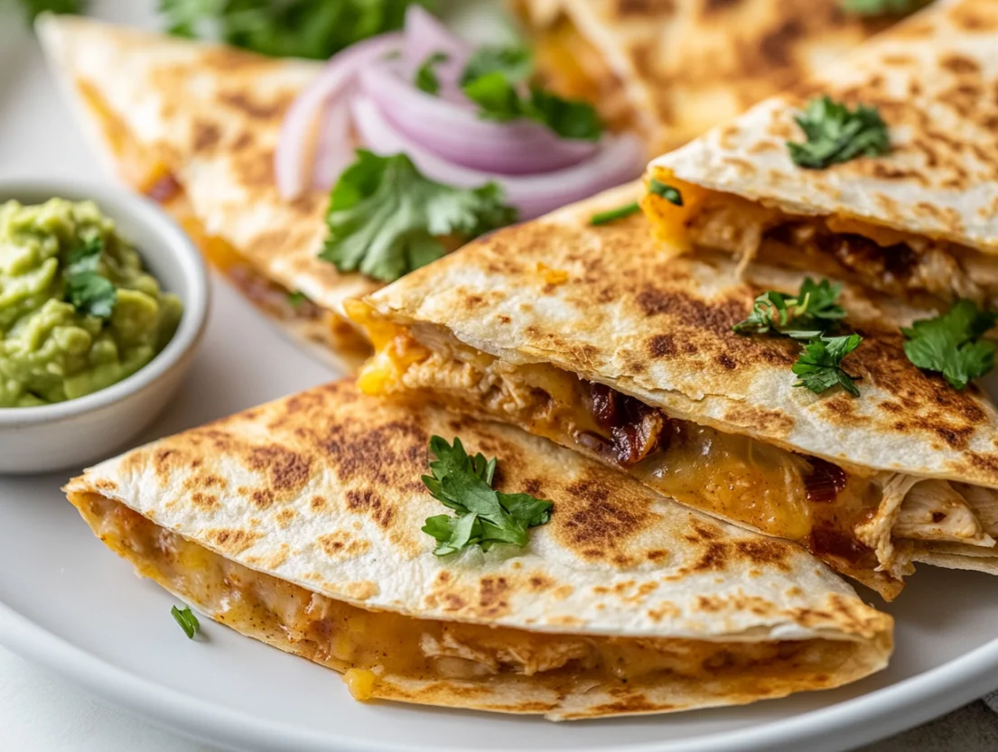 BBQ chicken quesadilla on a white plate, garnished with cilantro and red onion, served with guacamole.