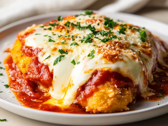 Best chicken parmesan served on a white plate, topped with mozzarella and garnished with fresh parsley