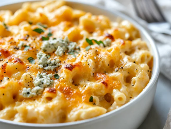 Buffalo chicken mac and cheese in a white bowl, topped with crumbled gorgonzola and hot sauce