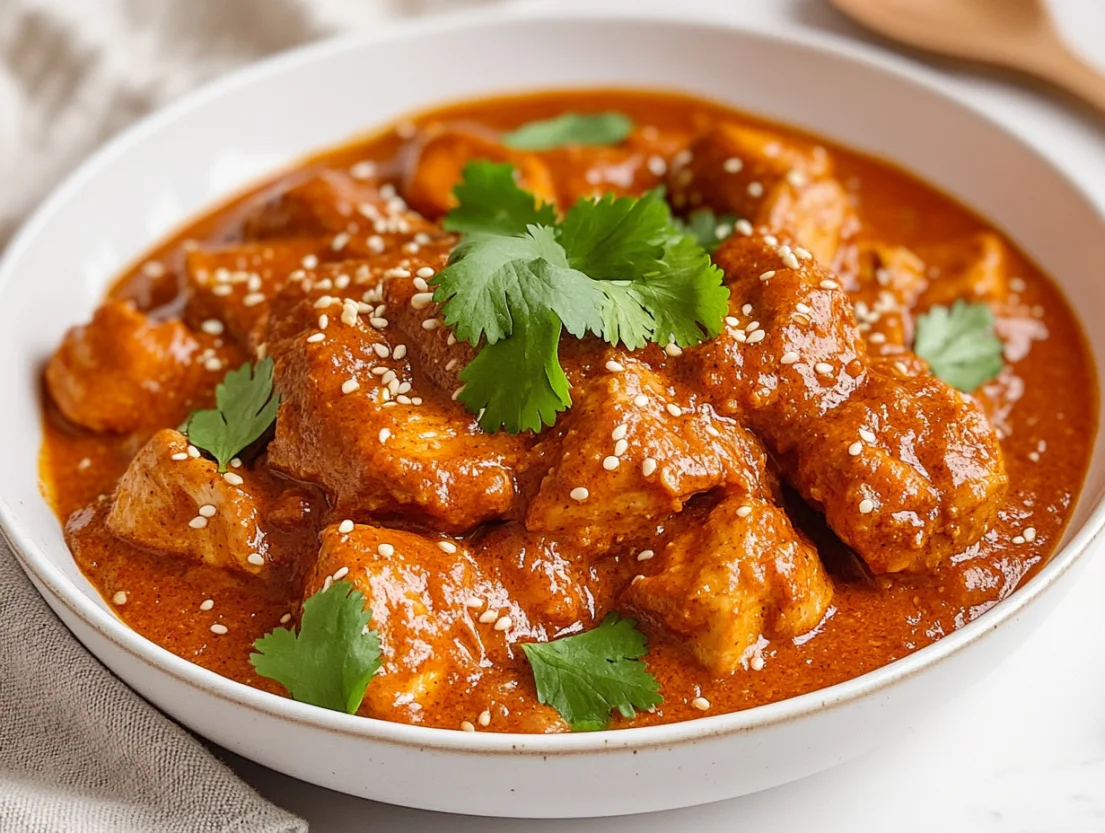 Butter chicken slow cooker served on a white plate garnished with cilantro and sesame seeds.