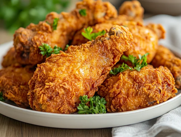 Crispy buttermilk Southern fried chicken served on a white plate, garnished with fresh parsley on a warm wooden table.
