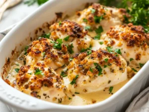 Delicious chicken and stuffing bake in a white dish garnished with parsley, showcasing golden stuffing and juicy chicken.