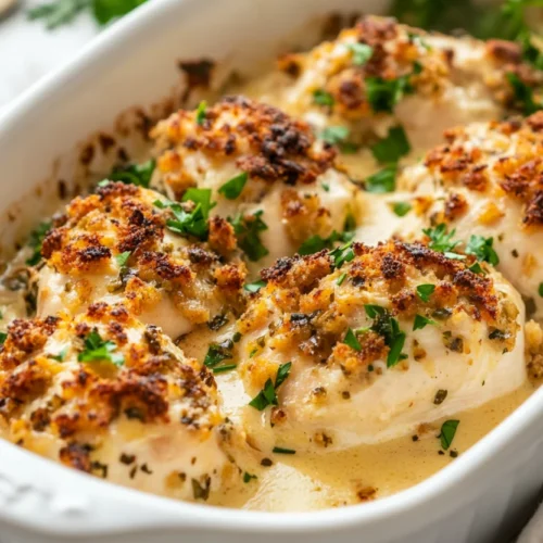 Delicious chicken and stuffing bake in a white dish garnished with parsley, showcasing golden stuffing and juicy chicken.