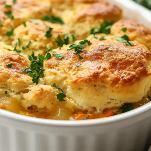 Golden chicken cobbler in a white baking dish garnished with parsley, showcasing buttery biscuits and creamy chicken filling.