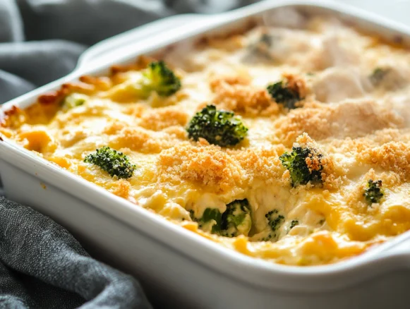 Golden chicken divan casserole with broccoli and crispy breadcrumbs, served in a white baking dish