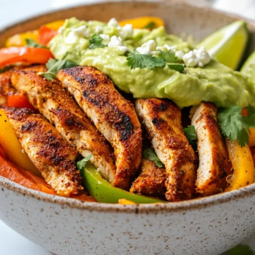 Delicious chicken fajita bowls with quinoa, sautéed peppers, and creamy avocado sauce on a white plate