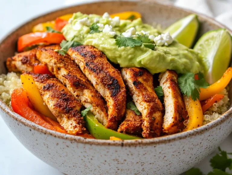 Delicious chicken fajita bowls with quinoa, sautéed peppers, and creamy avocado sauce on a white plate