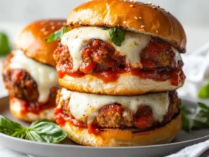 Juicy chicken parmesan burgers on toasted buns topped with marinara and melted cheese, garnished with basil
