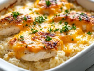 Baked easy cheesy chicken and rice topped with melted cheddar and parsley in a white dish