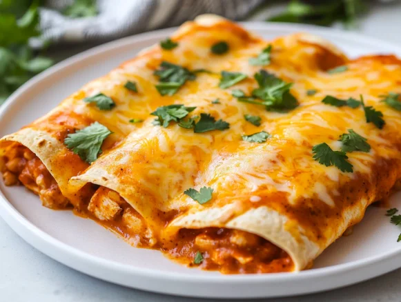 Delicious easy chicken enchiladas topped with melted cheese and garnished with cilantro on a white plate