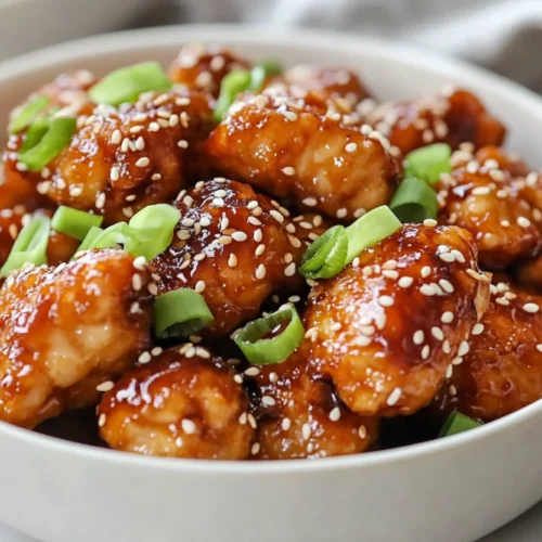 Delicious easy sesame chicken no fry in a white bowl, topped with sesame seeds and green onions