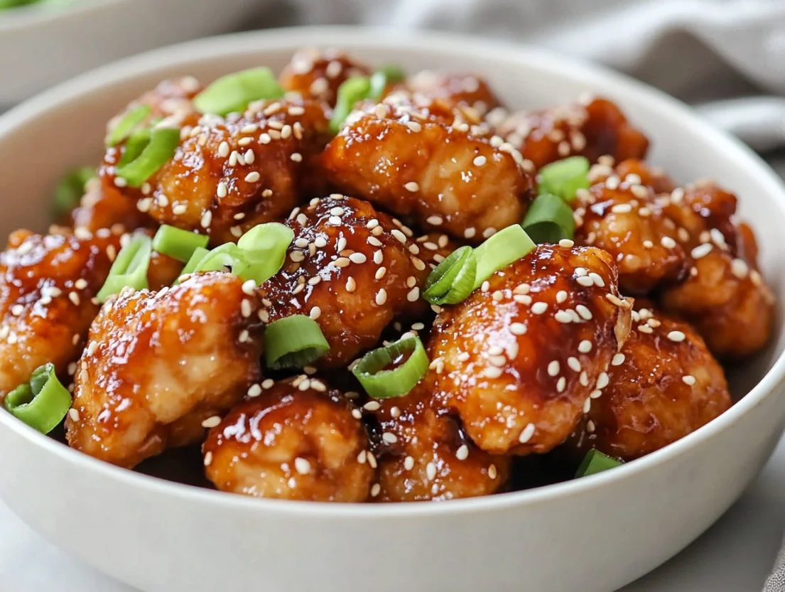 Delicious easy sesame chicken no fry in a white bowl, topped with sesame seeds and green onions