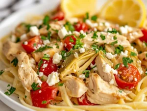 Delicious Greek chicken pasta served on a white plate, topped with feta cheese and parsley, garnished with lemon wedges