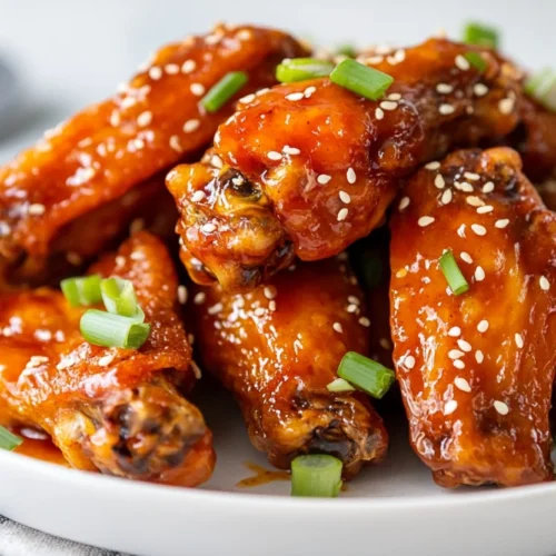 Crispy honey sriracha chicken wings on a white plate, garnished with sliced scallions and sesame seeds