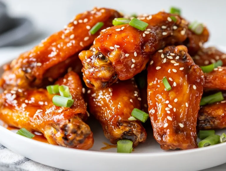 Crispy honey sriracha chicken wings on a white plate, garnished with sliced scallions and sesame seeds