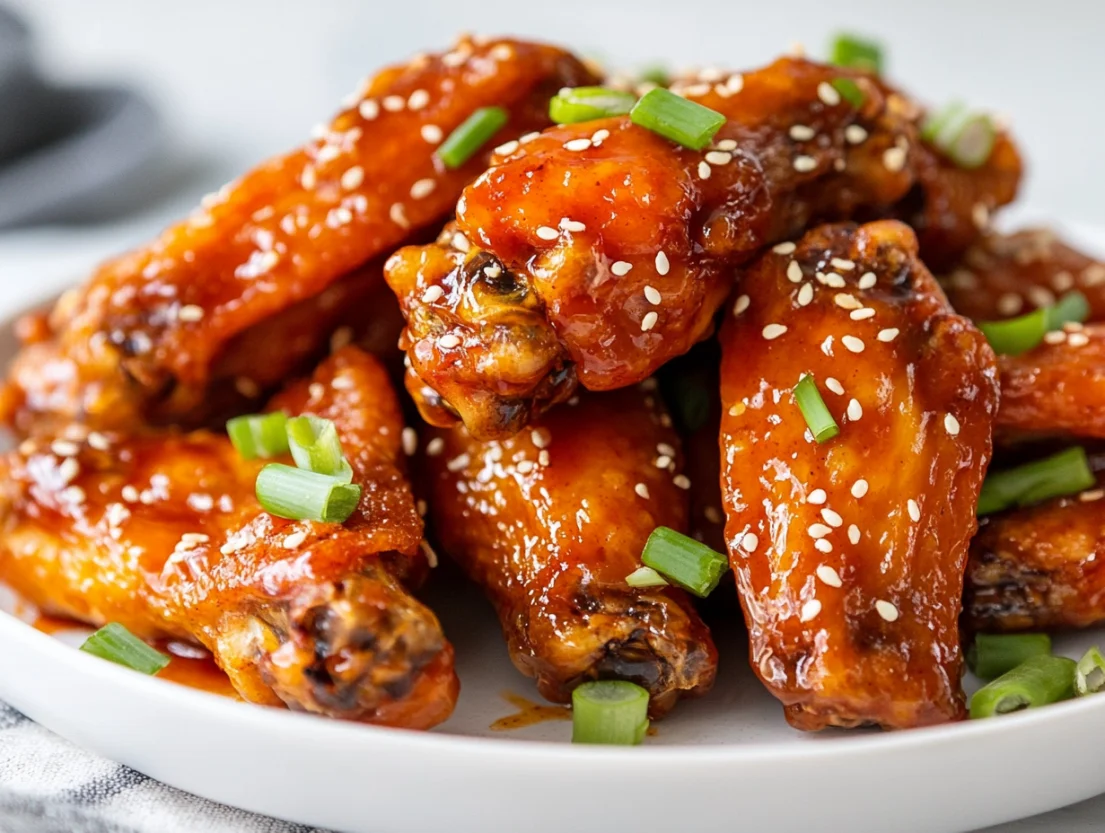 Crispy honey sriracha chicken wings on a white plate, garnished with sliced scallions and sesame seeds