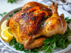 Juicy roasted chicken on a white plate garnished with lemon wedges and fresh parsley