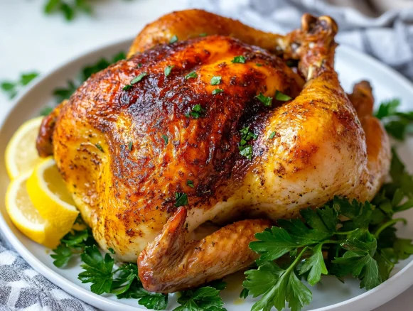 Juicy roasted chicken on a white plate garnished with lemon wedges and fresh parsley