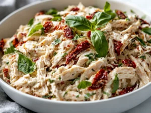 Delicious Marry Me Chicken Salad in a white bowl, garnished with fresh basil and sun-dried tomatoes