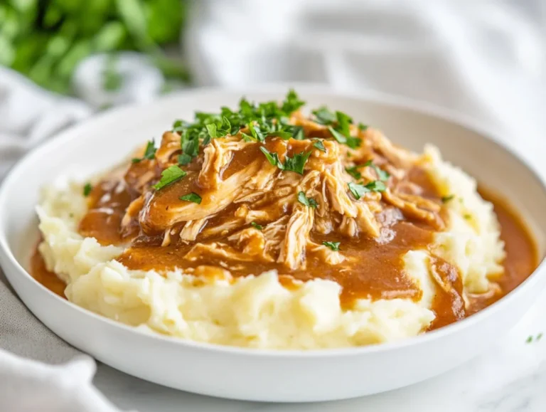 Slow cooker chicken and gravy in a white bowl garnished with parsley, served with mashed potatoes on a wooden board