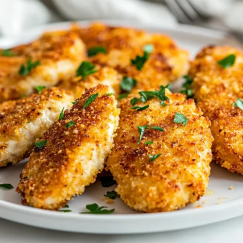 Crispy air fryer chicken cutlets on a white plate garnished with parsley and drizzled with olive oil