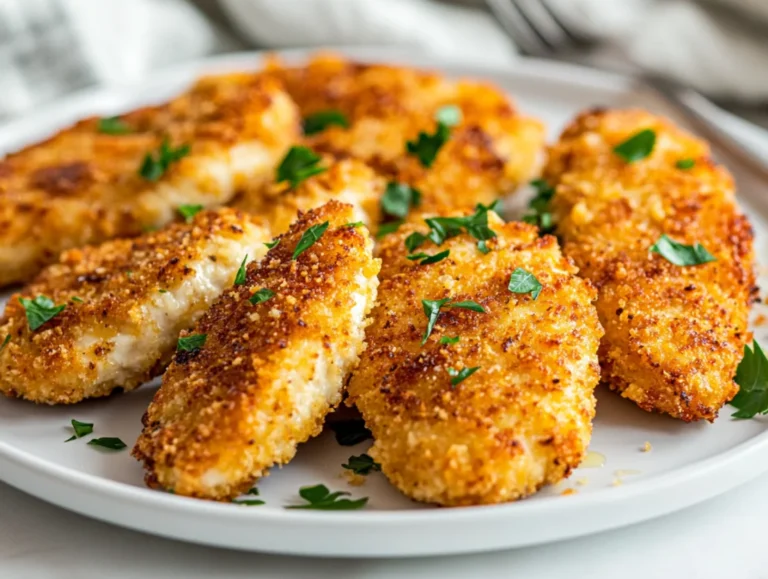 Crispy air fryer chicken cutlets on a white plate garnished with parsley and drizzled with olive oil