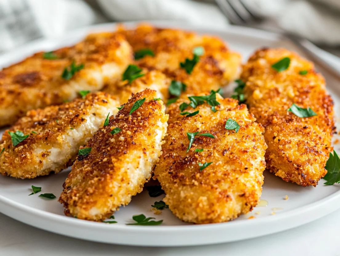 Crispy air fryer chicken cutlets on a white plate garnished with parsley and drizzled with olive oil