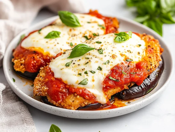 Air fryer chicken eggplant parmesan on a white plate, topped with melted mozzarella and fresh basil.