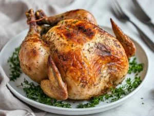 Crispy air fryer whole chicken on a white plate, garnished with herbs and steam rising from the juicy meat