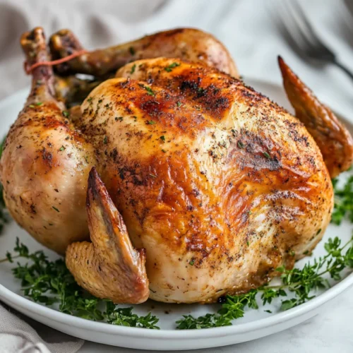 Crispy air fryer whole chicken on a white plate, garnished with herbs and steam rising from the juicy meat