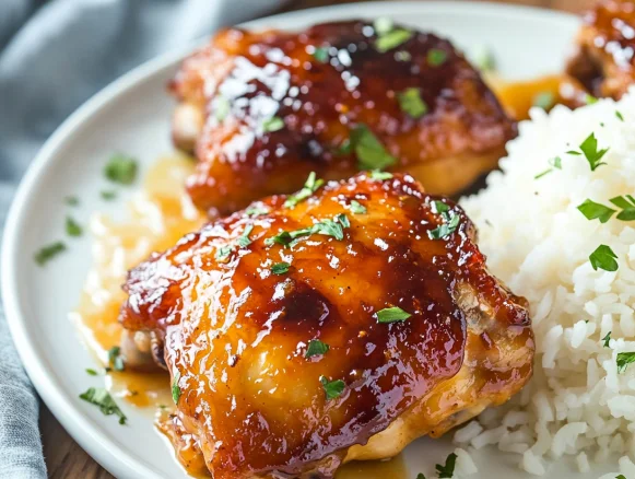 Baked apricot chicken on a white plate with fresh parsley and fluffy rice, glistening with sticky glaze