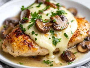Baked chicken with mushrooms topped with melted mozzarella cheese on a white plate, garnished with parsley