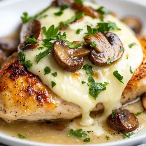 Baked chicken with mushrooms topped with melted mozzarella cheese on a white plate, garnished with parsley