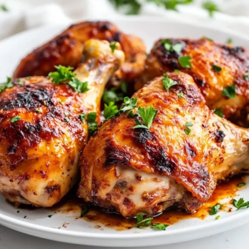 Baked chicken with Worcestershire sauce garnished with parsley on a white plate, highlighting crispy skin and juicy texture