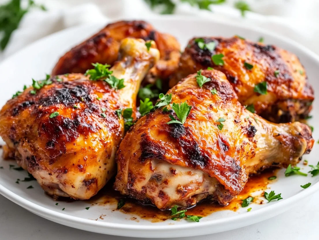 Baked chicken with Worcestershire sauce garnished with parsley on a white plate, highlighting crispy skin and juicy texture