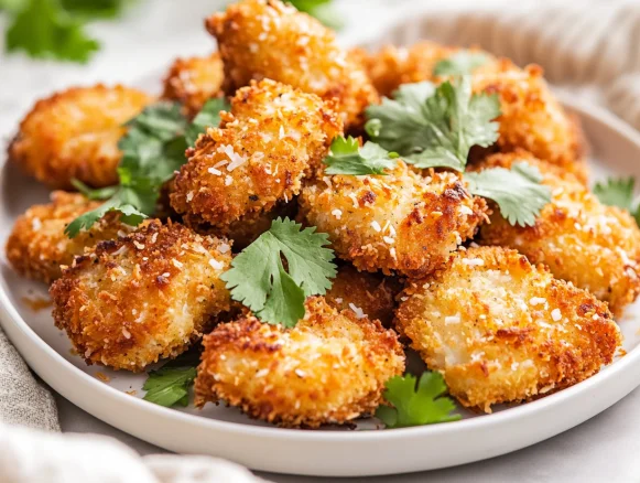 Crispy baked coconut chicken nuggets on a white plate, garnished with fresh cilantro and served with a side of dipping sauce