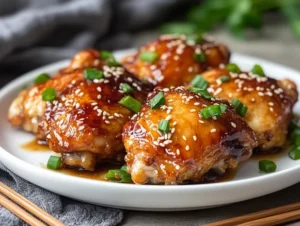 Crispy baked sweet and sour chicken thighs on a white plate garnished with green onions and sesame seeds