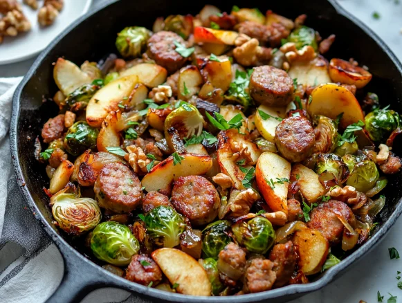 Bavarian apple sausage hash in a skillet with caramelized Brussels sprouts, apples, and walnuts