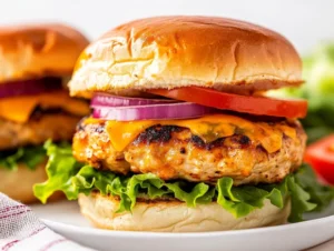 Best chicken burgers stacked on a toasted brioche bun with melted cheddar, lettuce, and tomato, garnished with creamy sauce