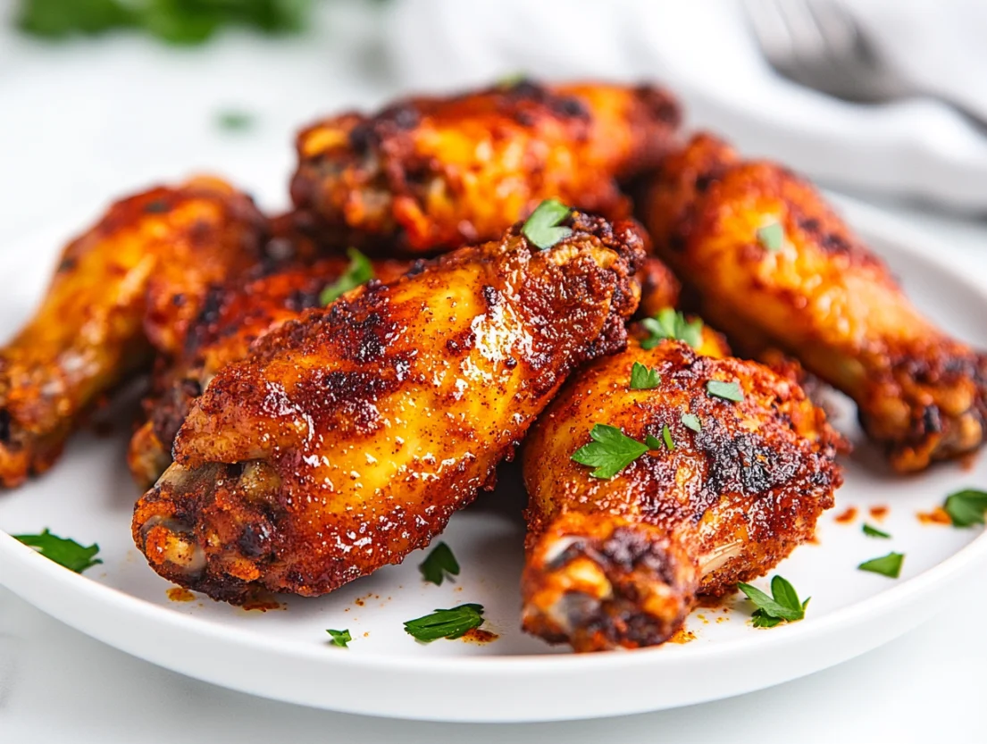 Best dry rub for chicken wings served on a white plate, garnished with fresh parsley and golden crispy edges
