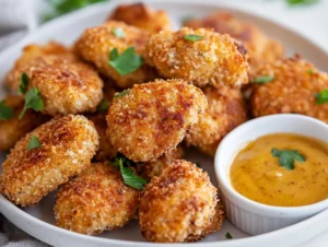 Plate of best homemade chicken nuggets served with honey mustard and garnished with parsley