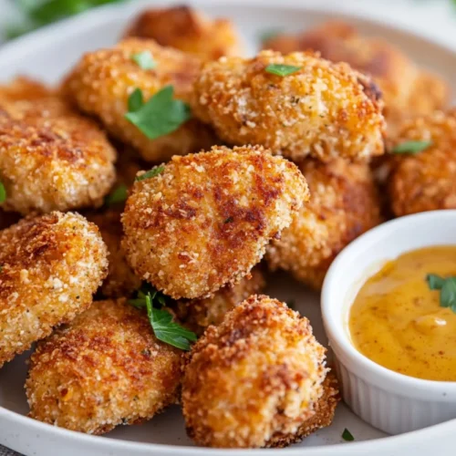 Plate of best homemade chicken nuggets served with honey mustard and garnished with parsley