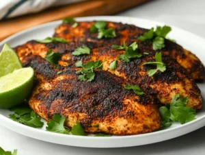 Crispy blackened chicken on a white plate garnished with fresh parsley and lime wedges