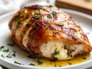 Boursin stuffed chicken topped with fresh parsley and olive oil on a white plate
