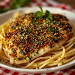 Crispy breaded Parmesan chicken on a white plate garnished with fresh parsley and golden crust